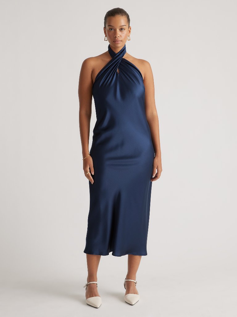 Quince 100% Washable Silk Halter Dress Navy Xs Nwt